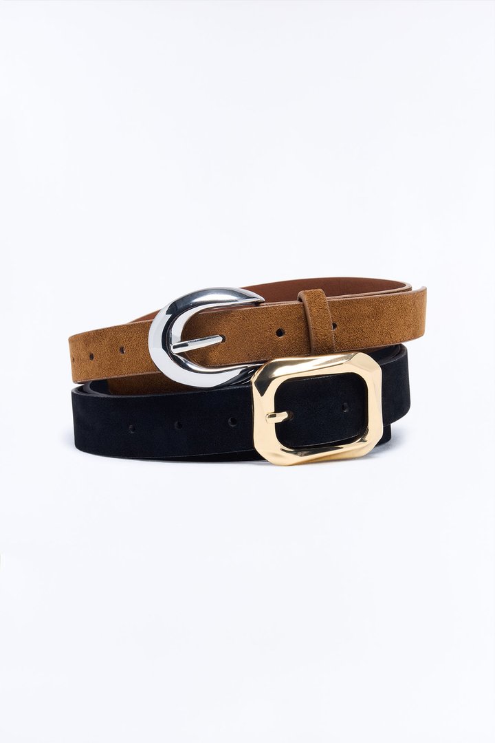 Any Day Any Time Faux Suede 2 Piece Belt Set - Black/Brown