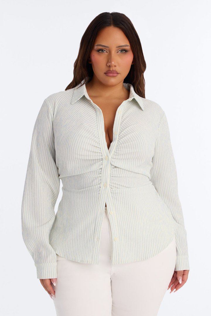 Minimal Effort Ruched Pinstripe Gauze Shirt - Blue/combo