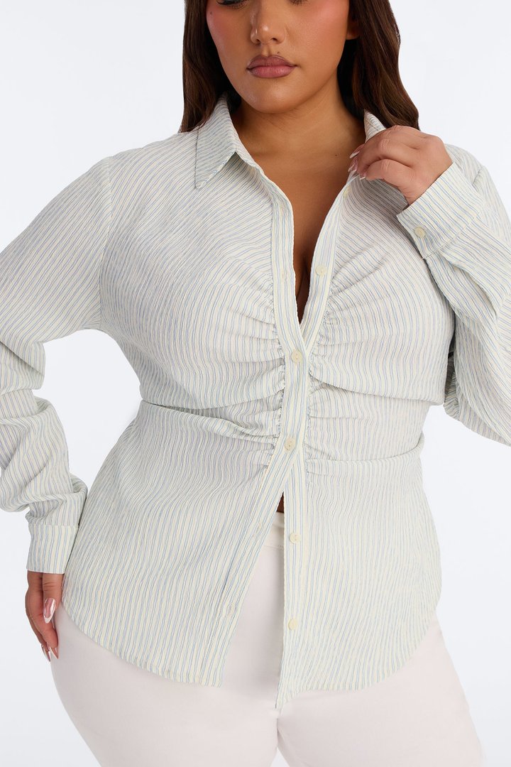 Minimal Effort Ruched Pinstripe Gauze Shirt - Blue/combo