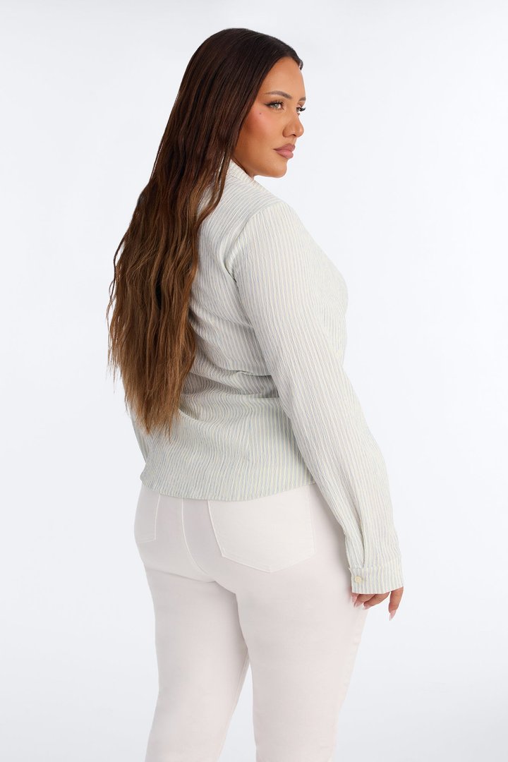 Minimal Effort Ruched Pinstripe Gauze Shirt - Blue/combo