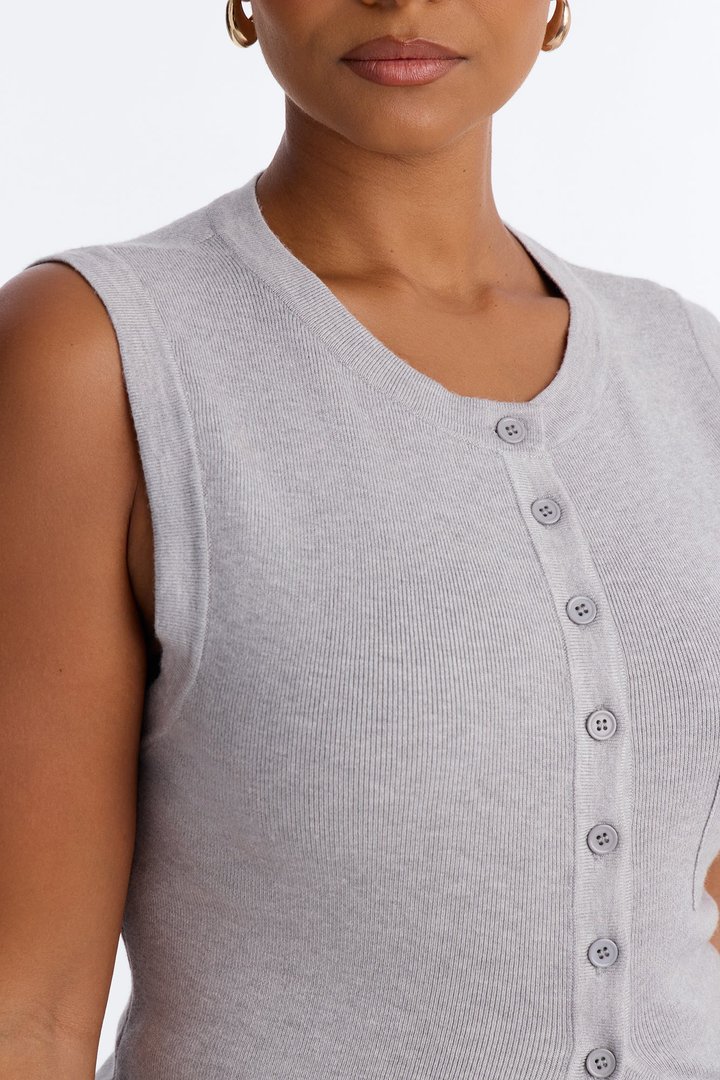 Leona Button Up Sweater Top - Heather Grey