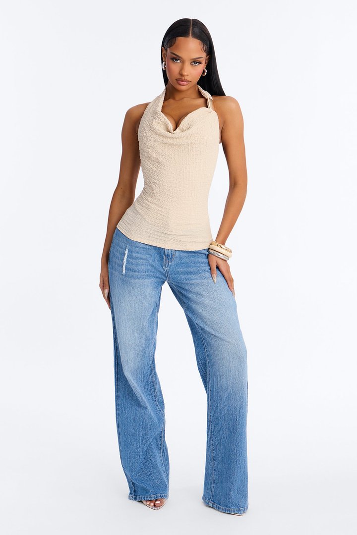 Sunny Textured Cowl Neck Hardware Halter Top - Sand