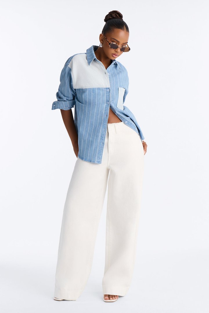 Above Average Striped Denim Button Up Shirt - Blue