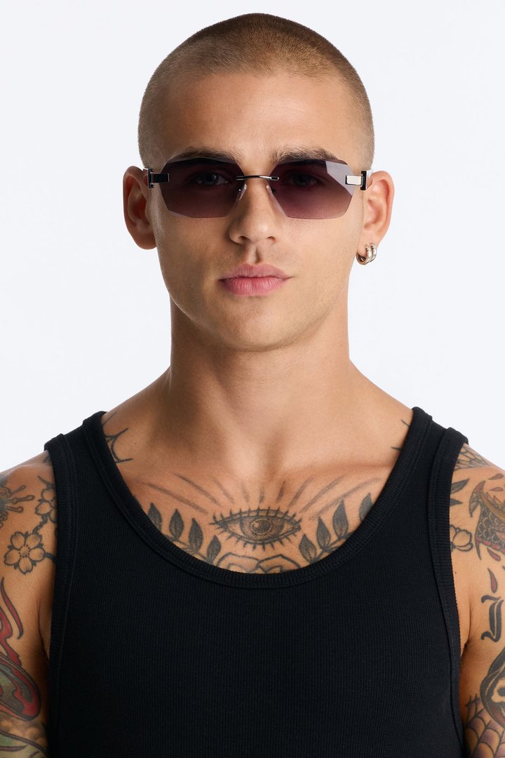 Right Back Rimless Frame Geometric Sunglasses - Gunmetal