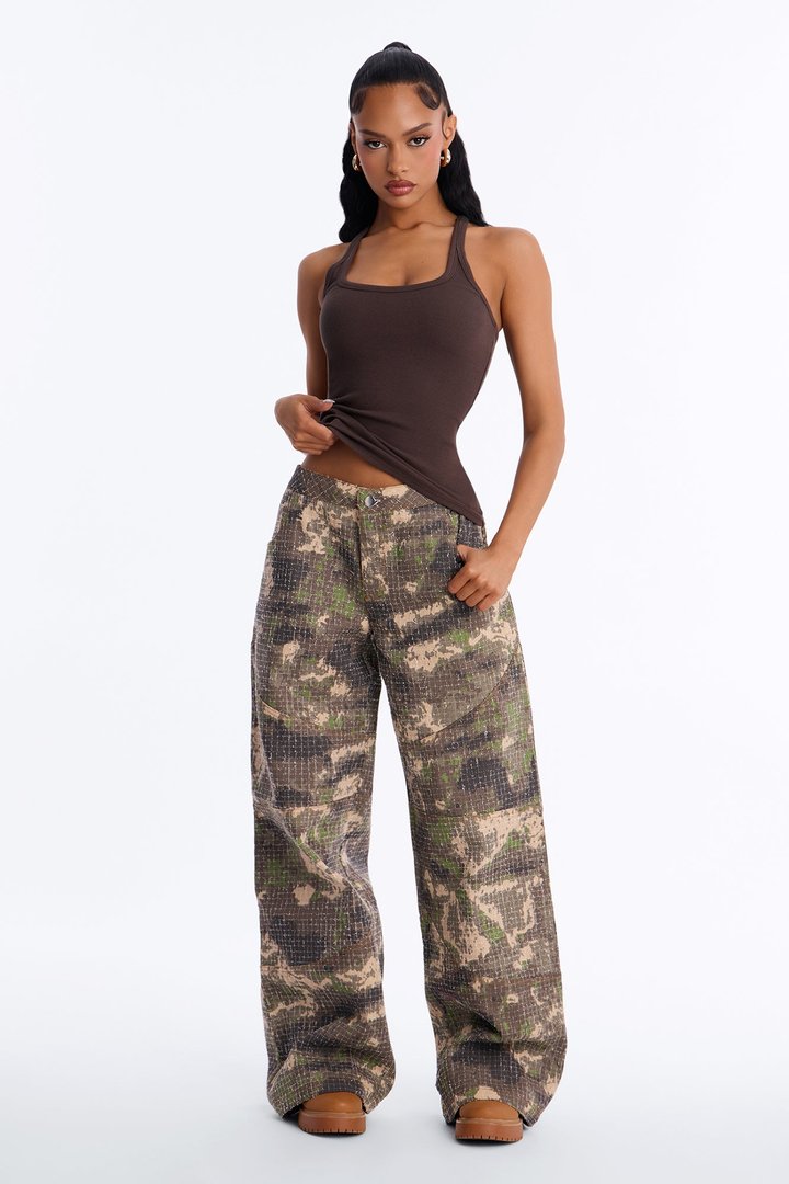 Act Up Low Rise Textured Camouflage Pants - Camouflage