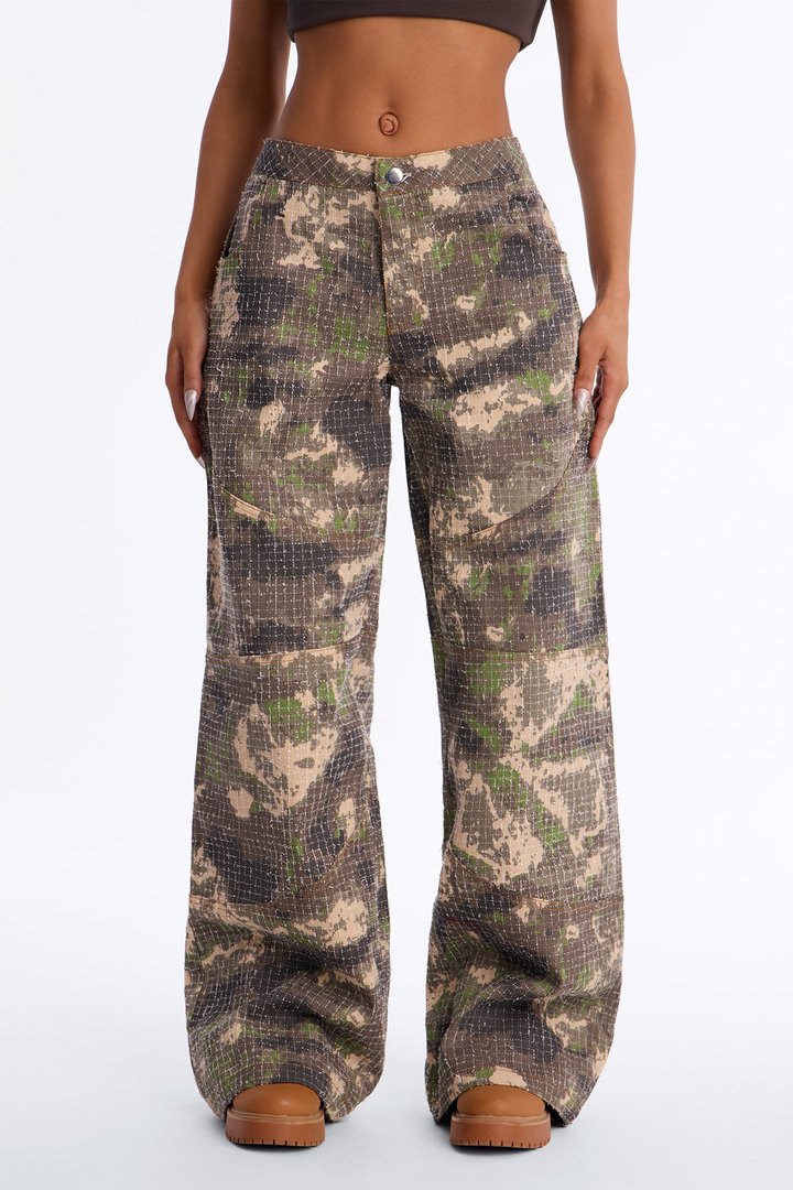 Act Up Low Rise Textured Camouflage Pants - Camouflage