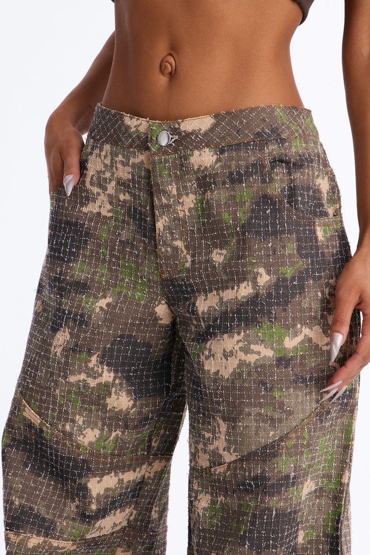 Act Up Low Rise Textured Camouflage Pants - Camouflage