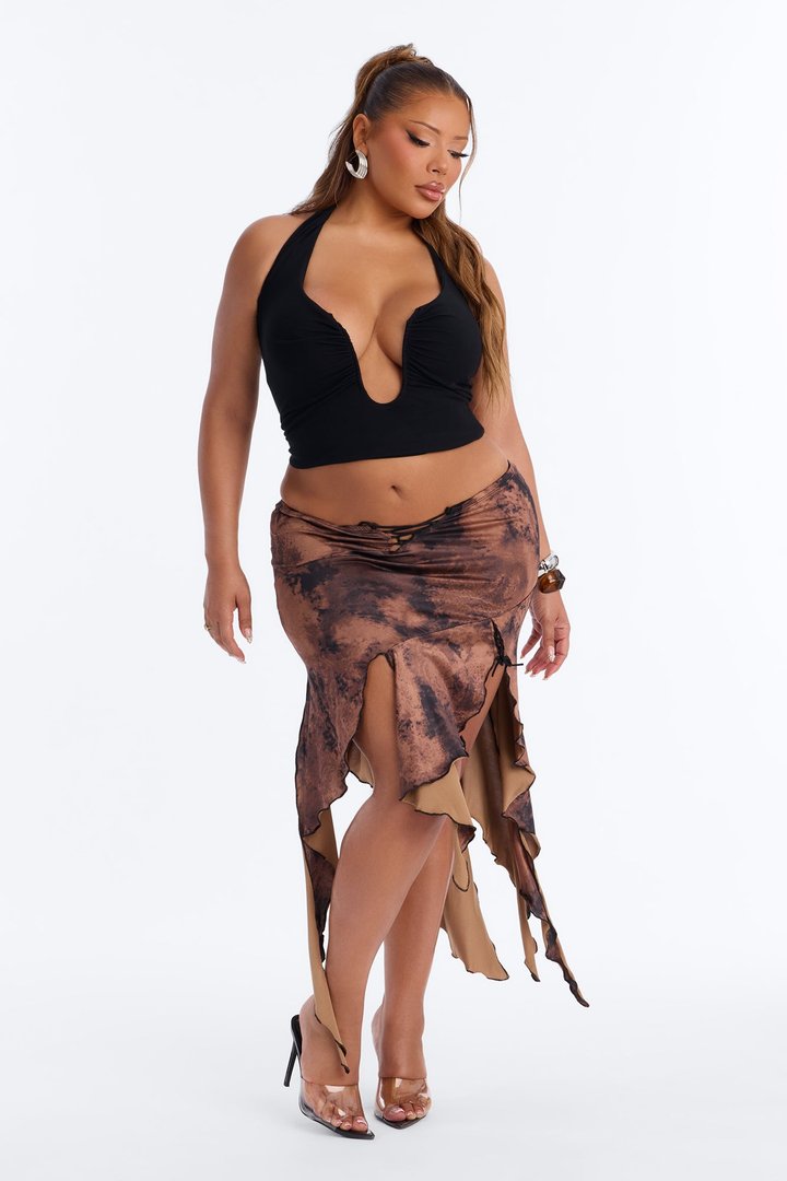 Heat Wave Abstract Asymmetrical Midi Skirt - Brown/combo
