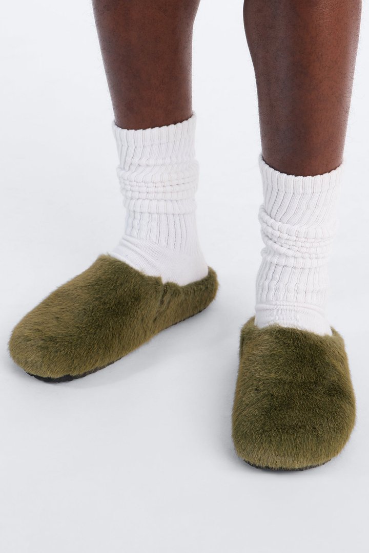 Faux Fur Textured Slip On Slide - Olive