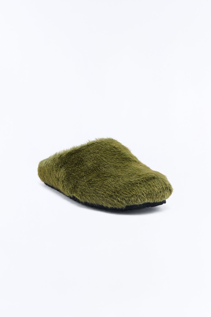 Faux Fur Textured Slip On Slide - Olive