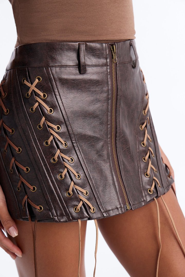 Test My Limit Lace Up Faux Leather Micro Mini Skirt - Dark Brown