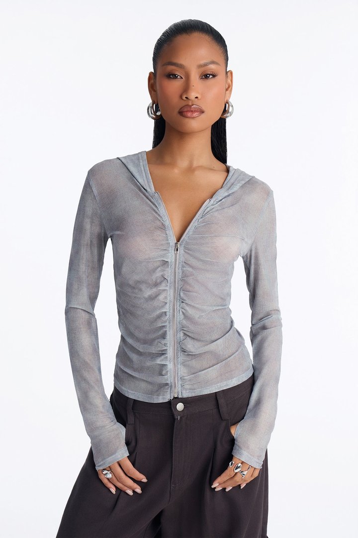 Riri Ruched Mesh Hooded Zip Up Top - Grey