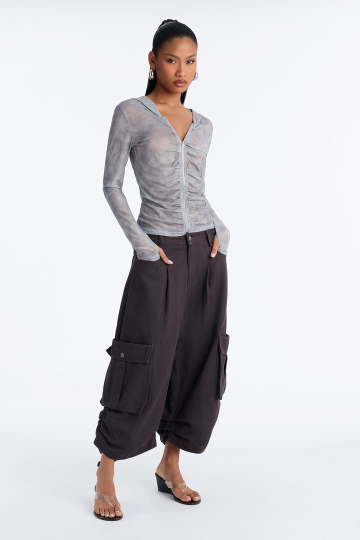 Riri Ruched Mesh Hooded Zip Up Top - Grey