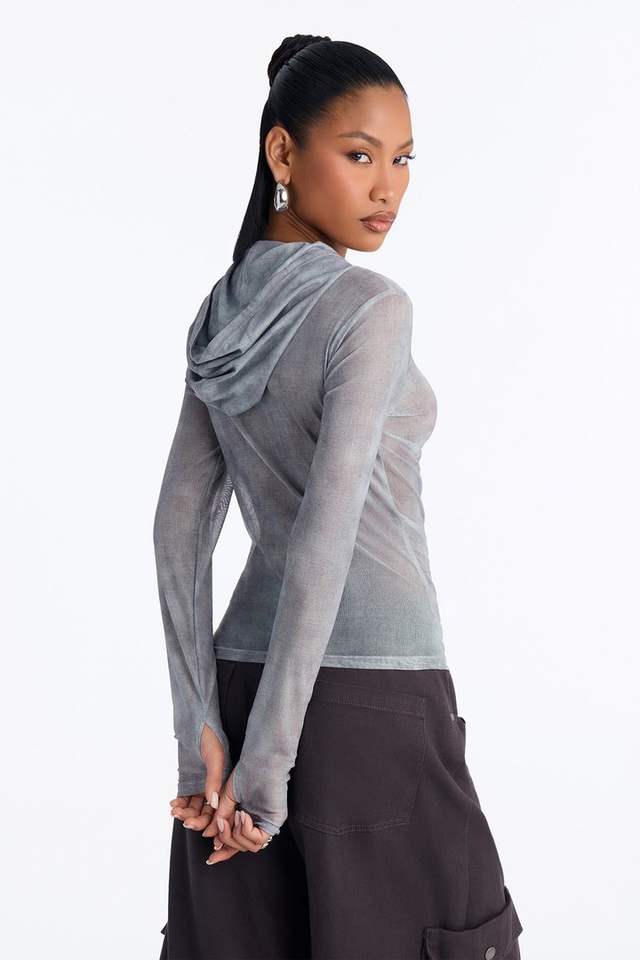 Riri Ruched Mesh Hooded Zip Up Top - Grey