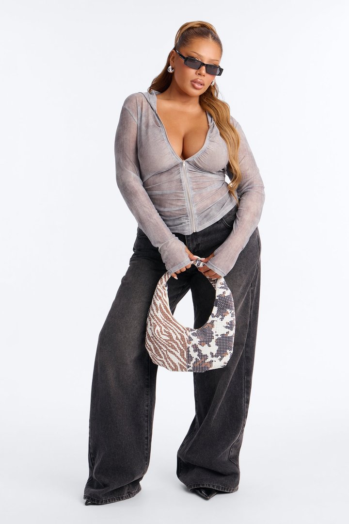 Riri Ruched Mesh Hooded Zip Up Top - Grey