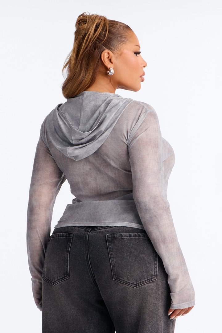 Riri Ruched Mesh Hooded Zip Up Top - Grey