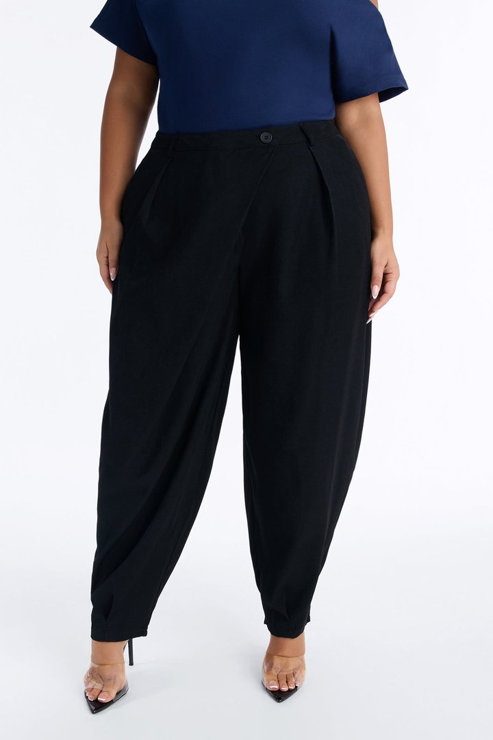 Renata High Rise Wrapped Barrel Leg Trouser Pant - Black