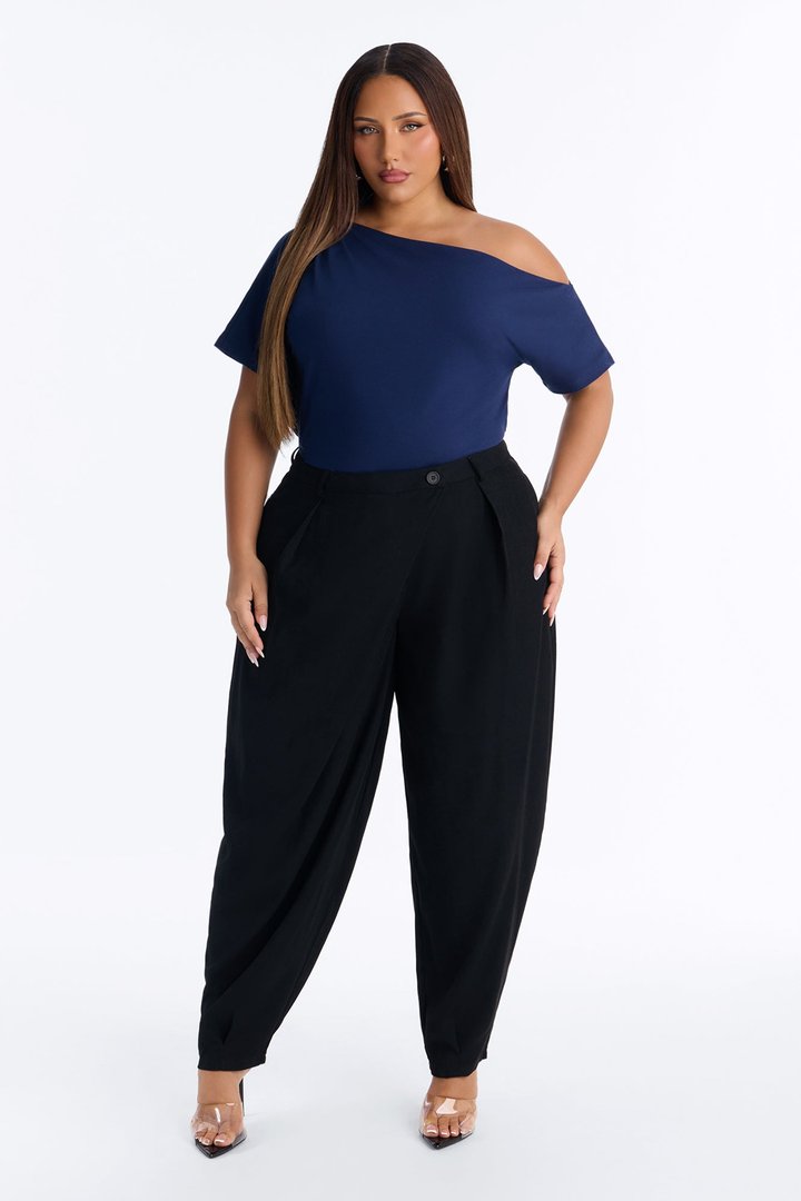 Renata High Rise Wrapped Barrel Leg Trouser Pant - Black