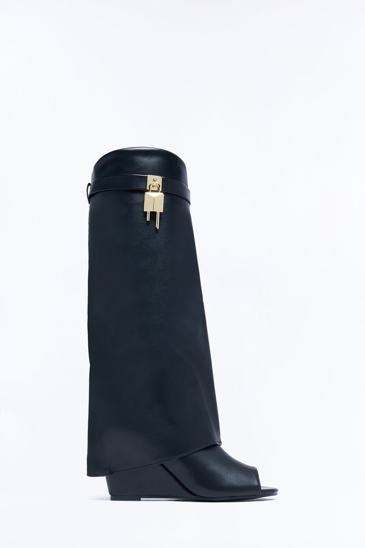 Pretty Mood Peep Toe Wedge Booties - Black