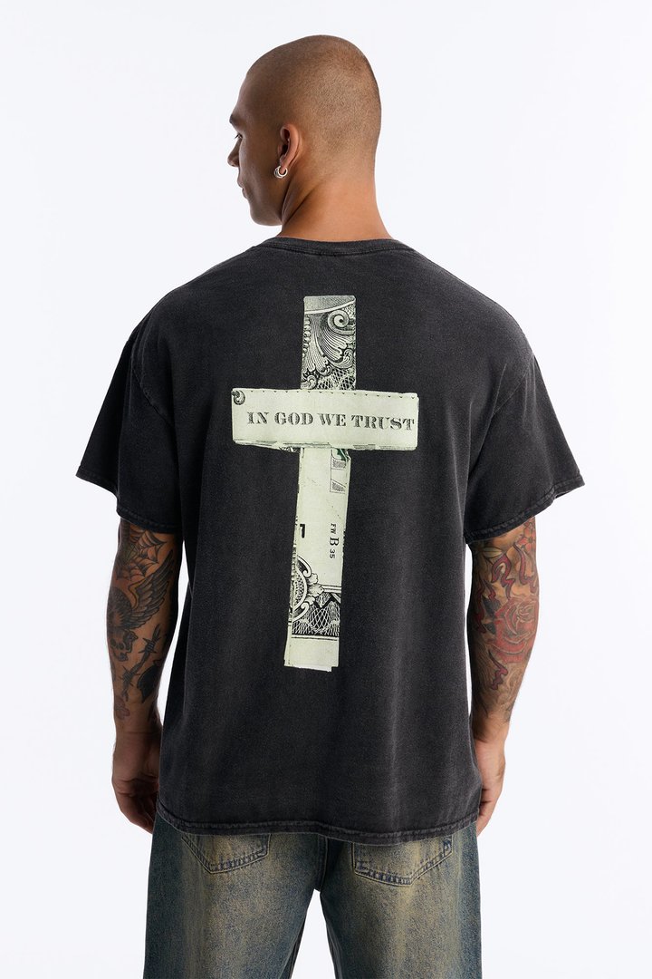 In God We Trust Vintage Oversized Short Sleeve Tee - Black