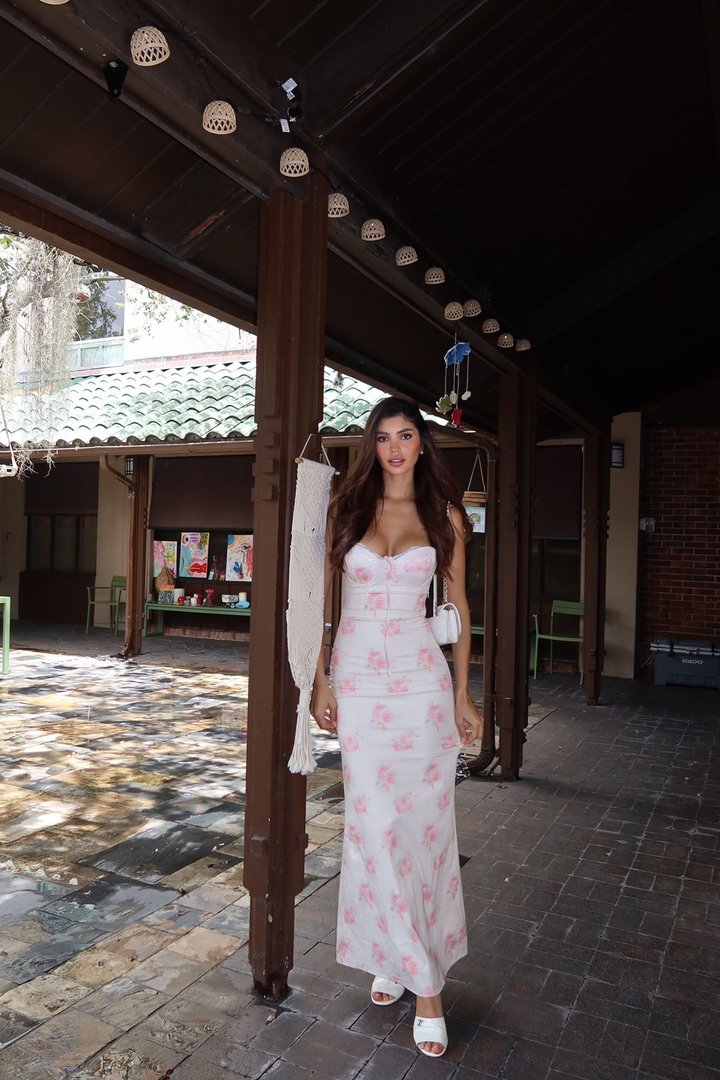 Maddie Poplin Maxi Dress - White/Pink