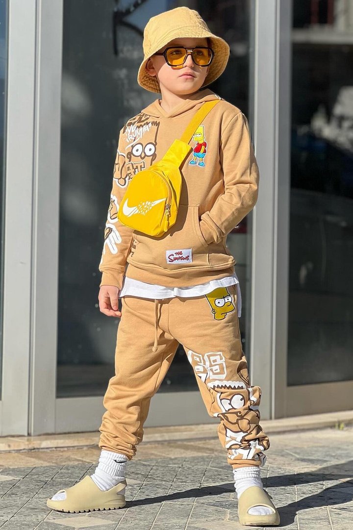Mini Bart Graffiti Embroidered Fleece Jogger Set - Brown