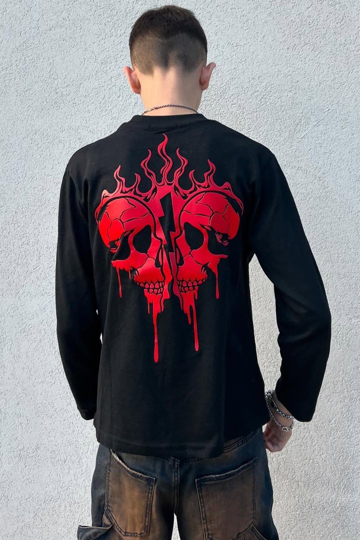 Mini Broken Flame Heart Front/Back Long Sleeve Tee - Black