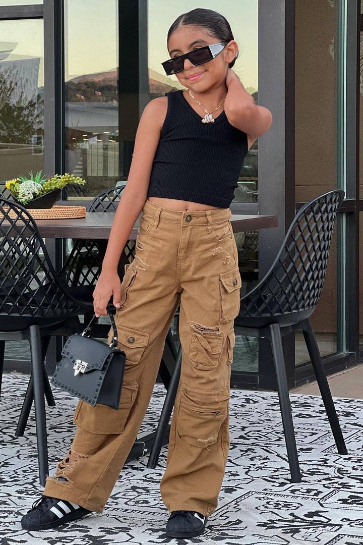 Mini Lily High Rise Distressed Cargo Jeans - Camel