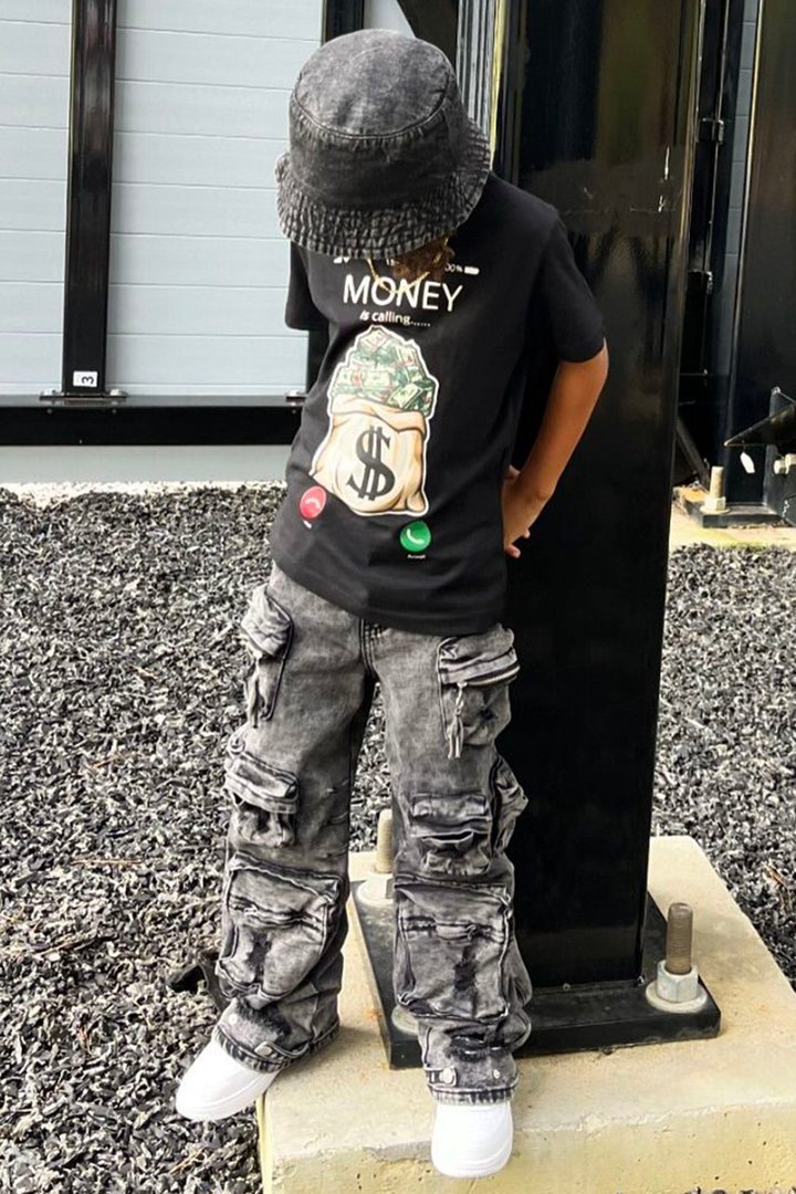 Mini Millie Ripped Cargo Jean - Acid Wash Black