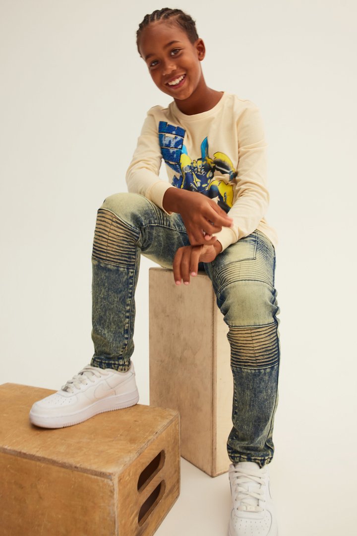 Mini Stretch Denim Splatter Moto Jeans - Indigo