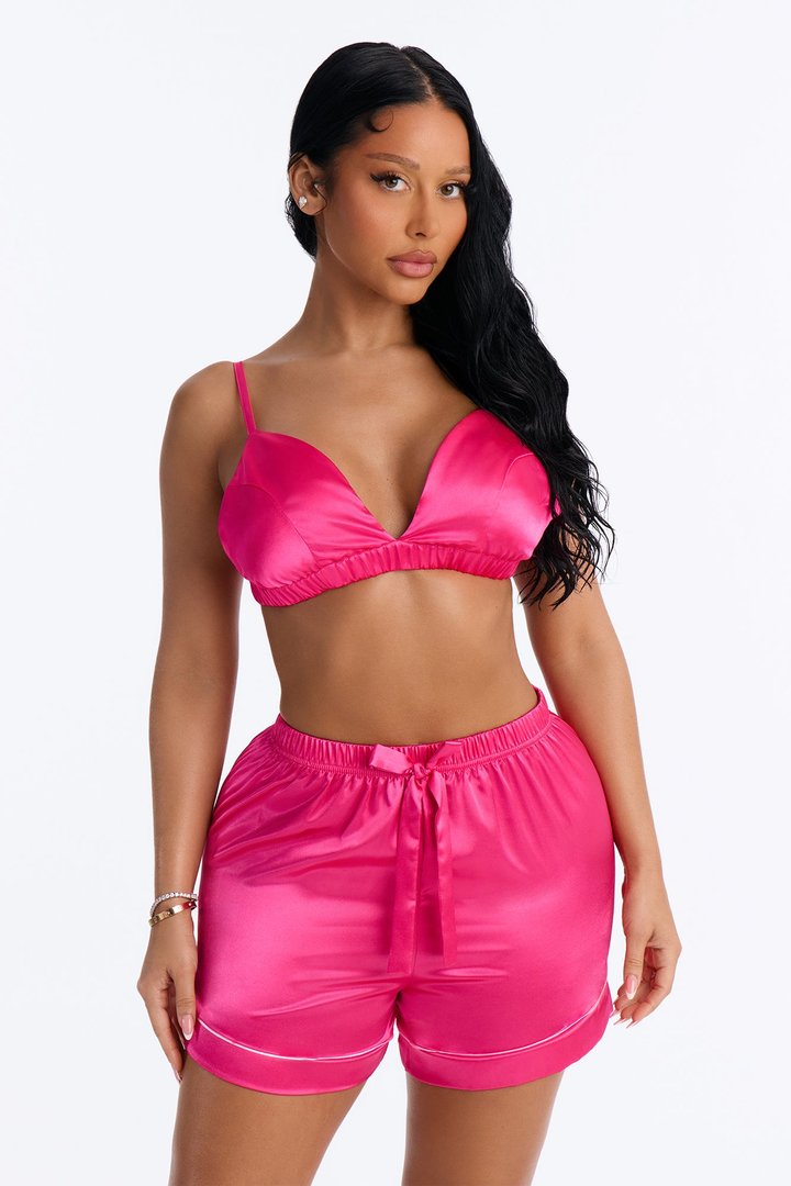 Sleeping In Late Satin 3 Piece PJ Bralette Short Set - Hot Pink