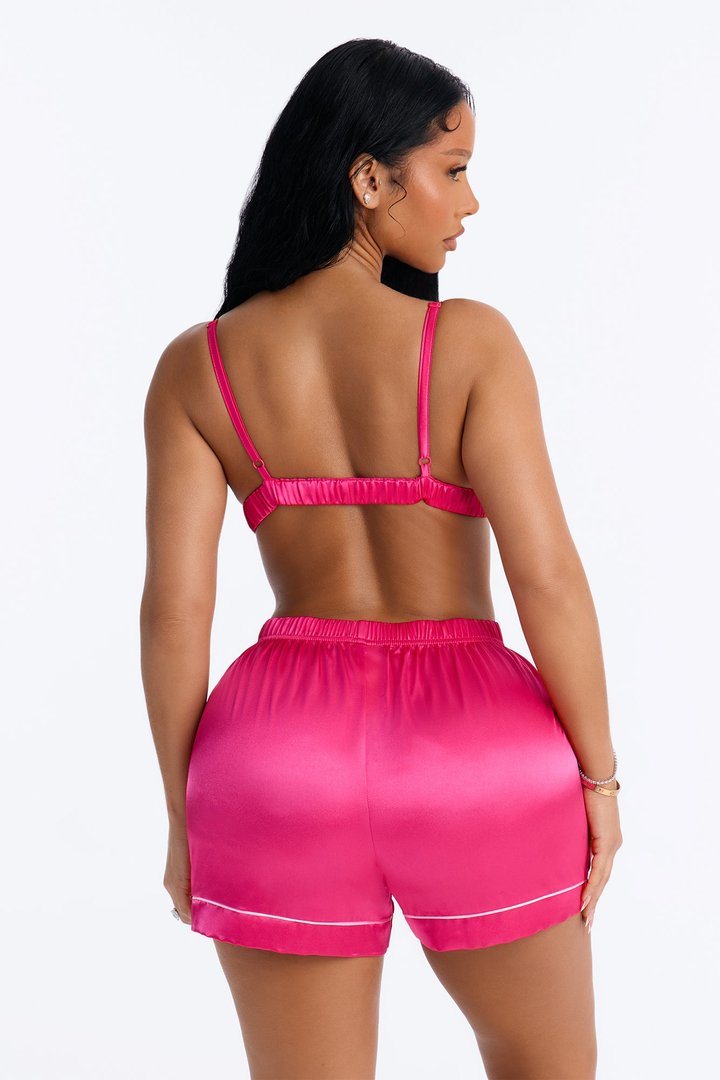 Sleeping In Late Satin 3 Piece PJ Bralette Short Set - Hot Pink
