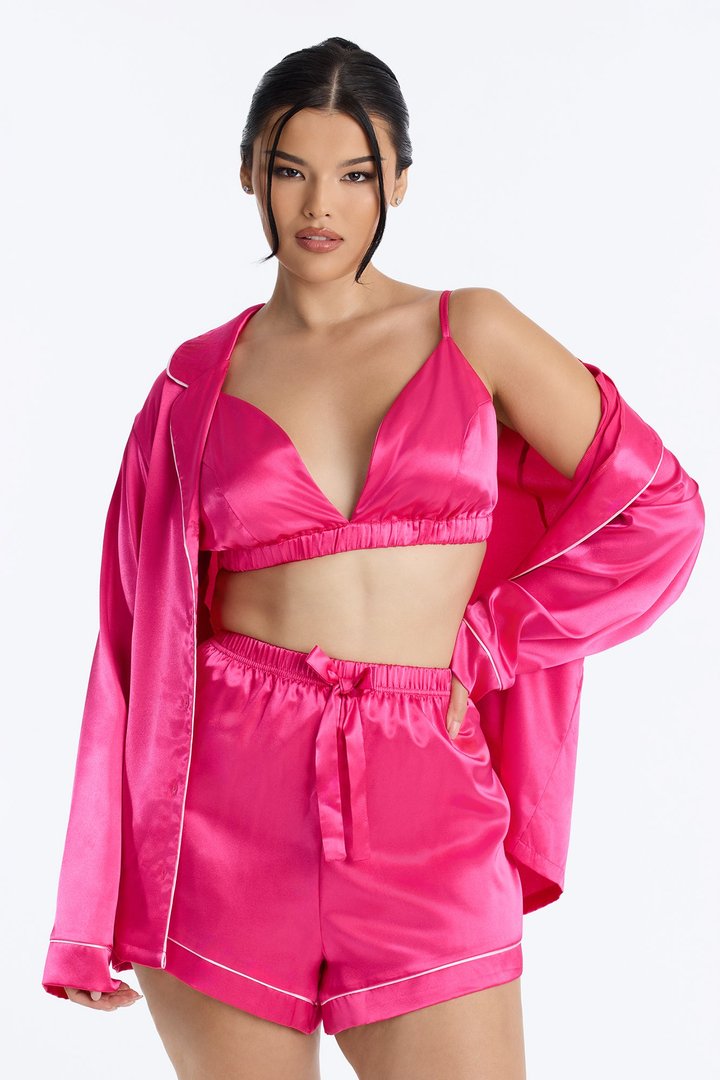 Sleeping In Late Satin 3 Piece PJ Bralette Short Set - Hot Pink