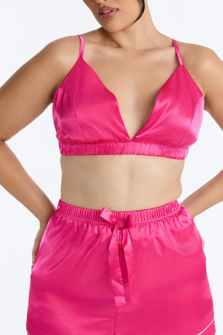 Sleeping In Late Satin 3 Piece PJ Bralette Short Set - Hot Pink