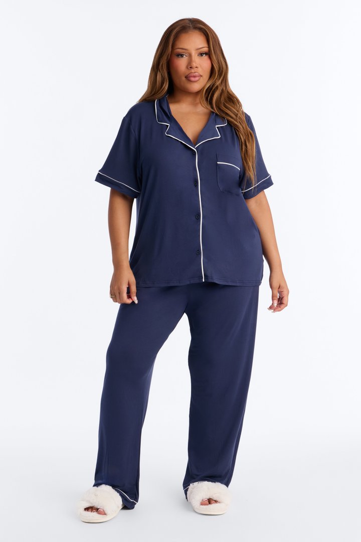 In The Morning PJ Short Sleeve Pant Set - Navy
