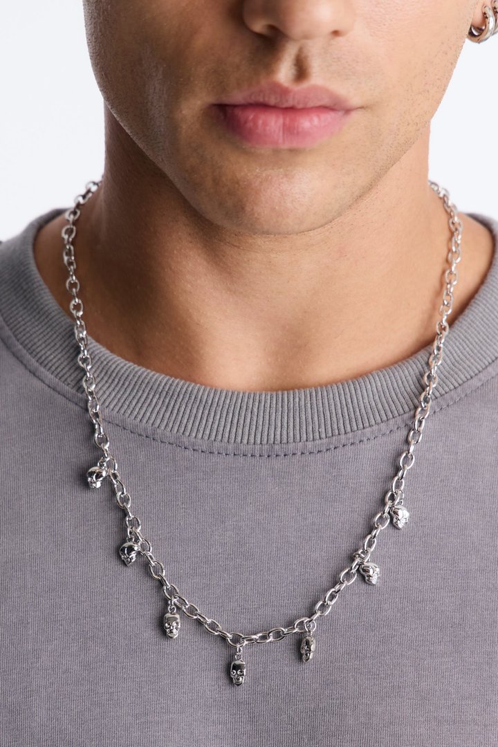 Hanging Skull Charm Necklace - Silver