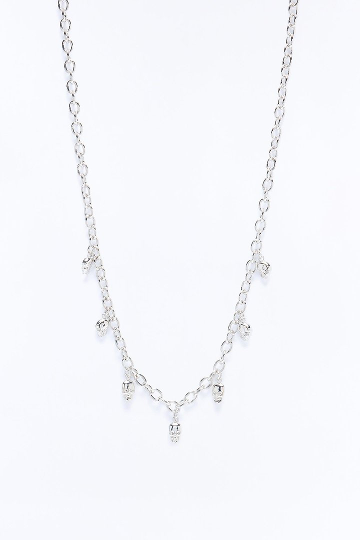 Hanging Skull Charm Necklace - Silver