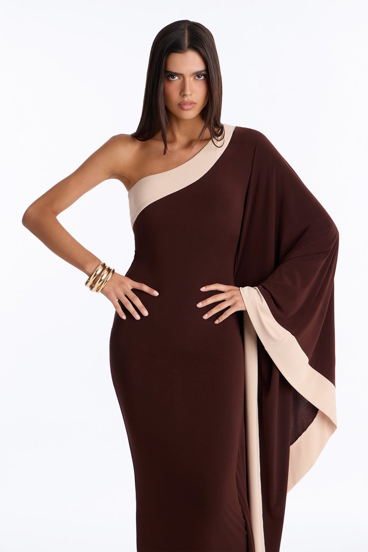 Casually Allure One Shoulder Maxi Dress - Chocolate/Combo
