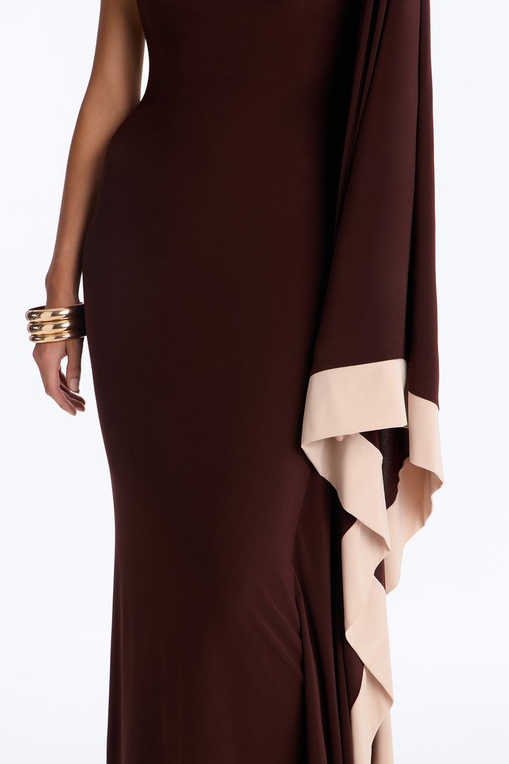 Casually Allure One Shoulder Maxi Dress - Chocolate/Combo