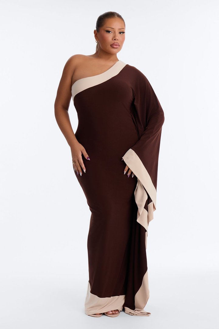 Casually Allure One Shoulder Maxi Dress - Chocolate/Combo