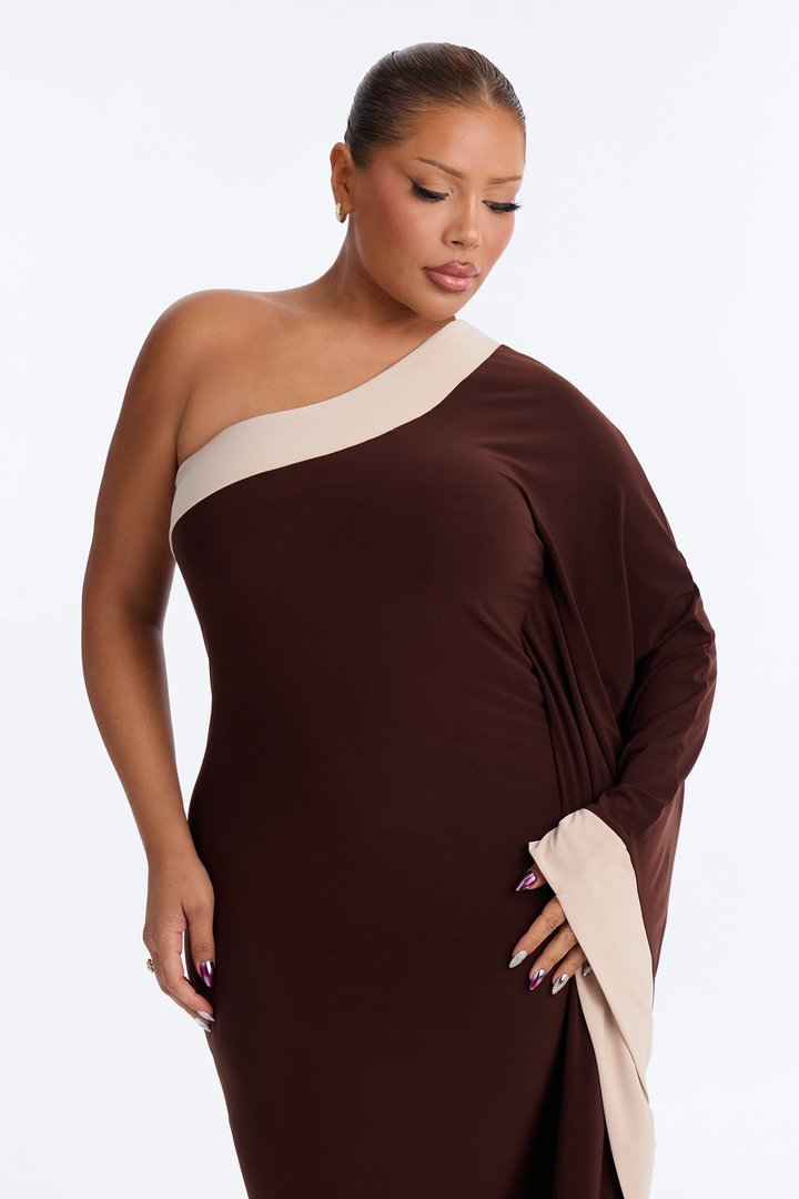 Casually Allure One Shoulder Maxi Dress - Chocolate/Combo