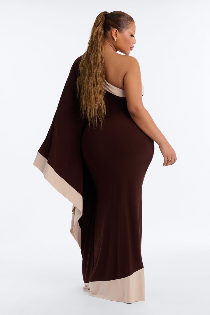 Casually Allure One Shoulder Maxi Dress - Chocolate/Combo