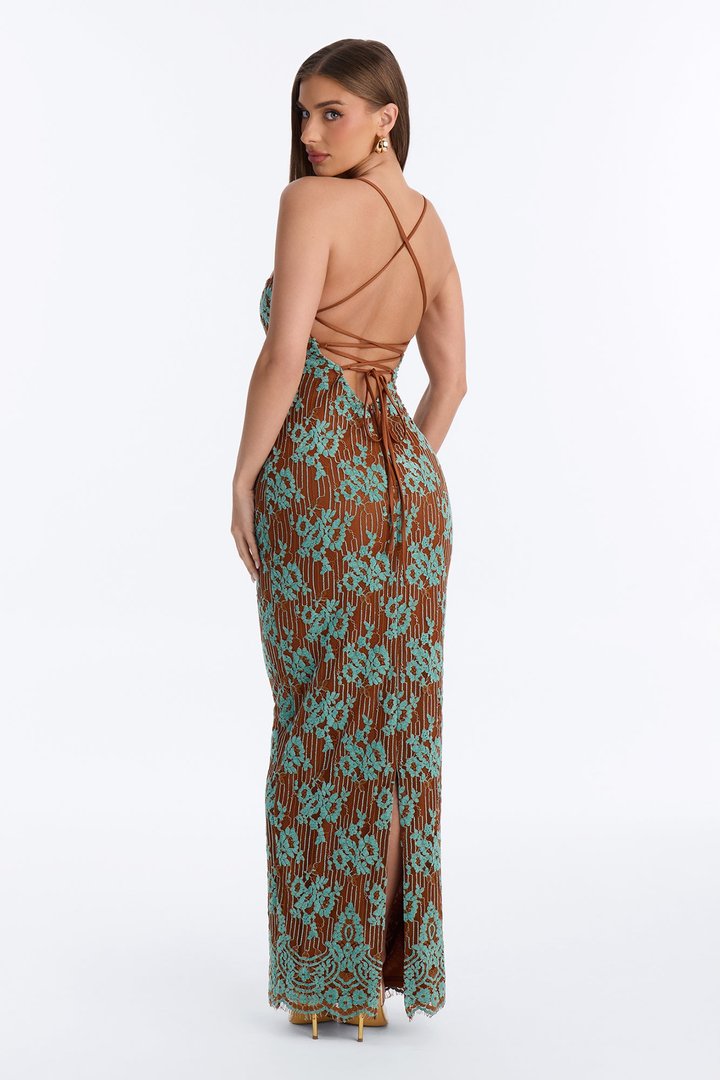 Hannah Flocked Lace Maxi Dress - Brown/combo