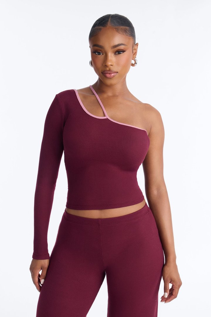Holly Contrast Waffle Knit Pant Set - Burgundy/combo