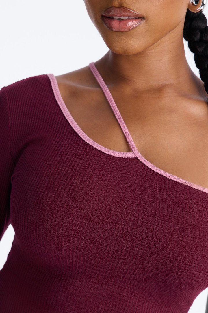 Holly Contrast Waffle Knit Pant Set - Burgundy/combo