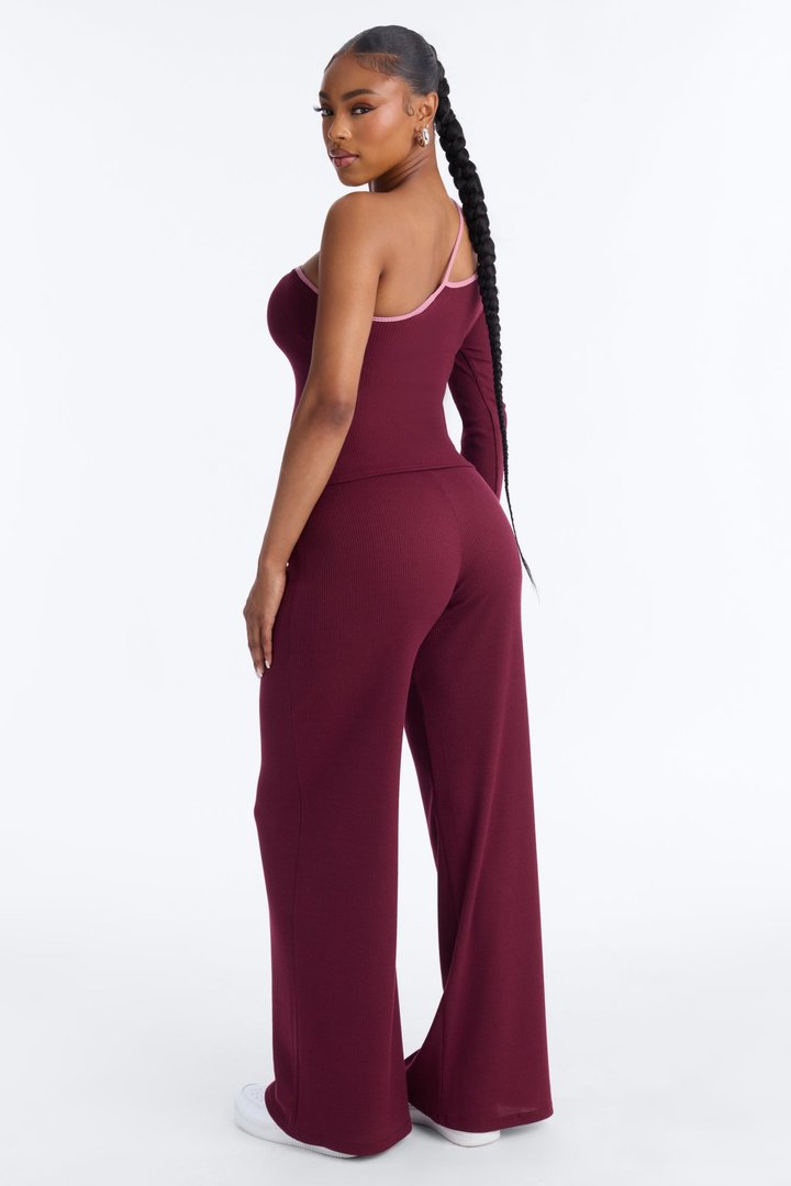 Holly Contrast Waffle Knit Pant Set - Burgundy/combo