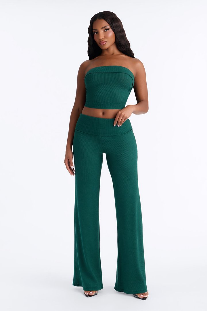 Megan Waffle Knit Foldover Waist Pant Set - Hunter Green