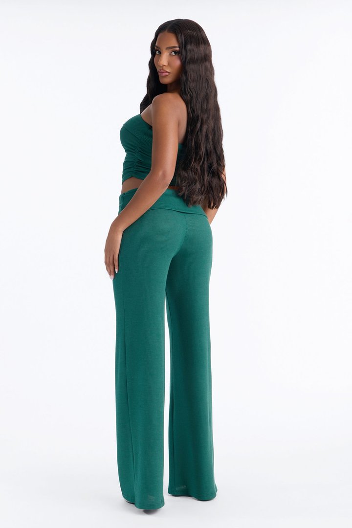 Megan Waffle Knit Foldover Waist Pant Set - Hunter Green
