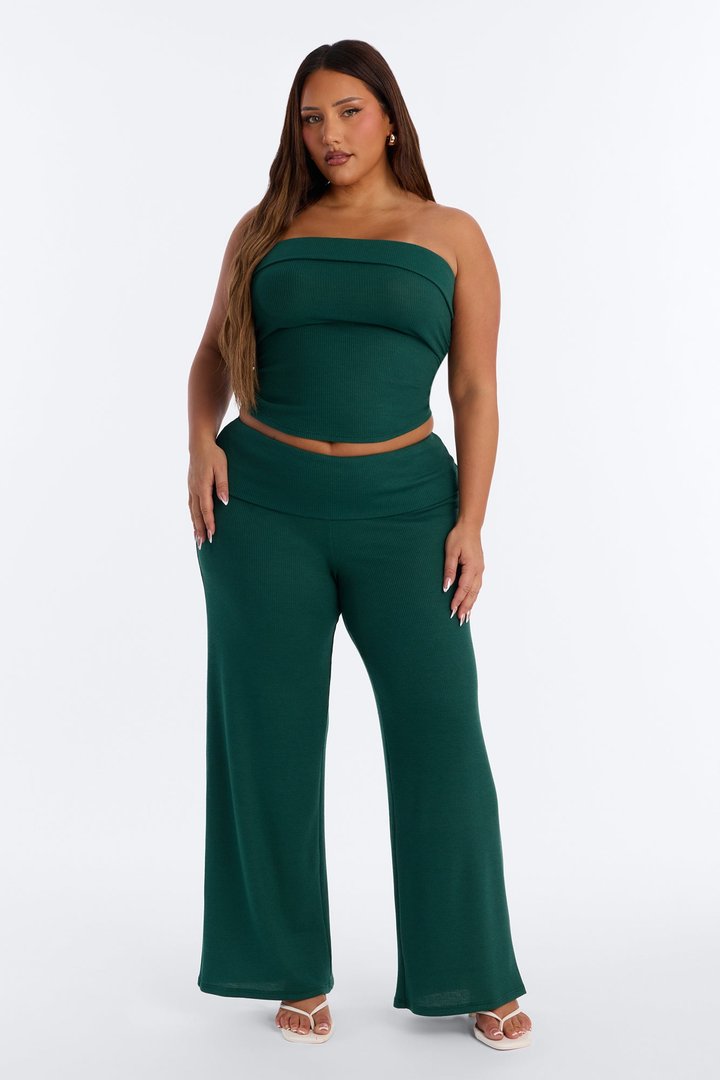 Megan Waffle Knit Foldover Waist Pant Set - Hunter Green