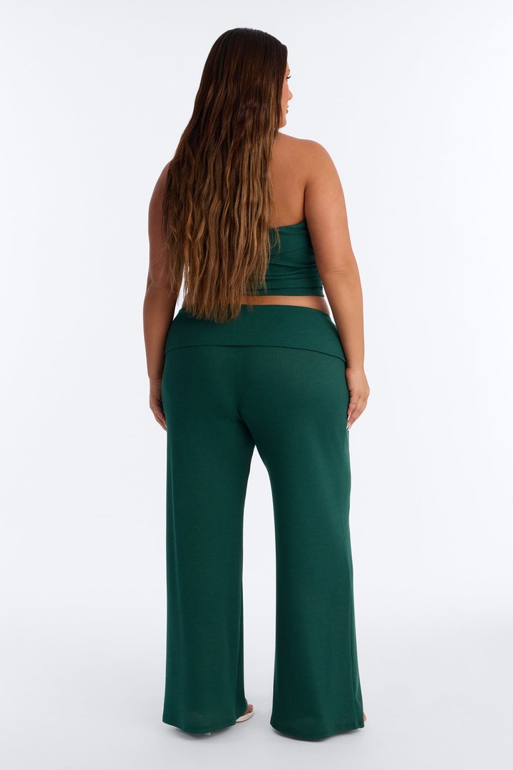 Megan Waffle Knit Foldover Waist Pant Set - Hunter Green